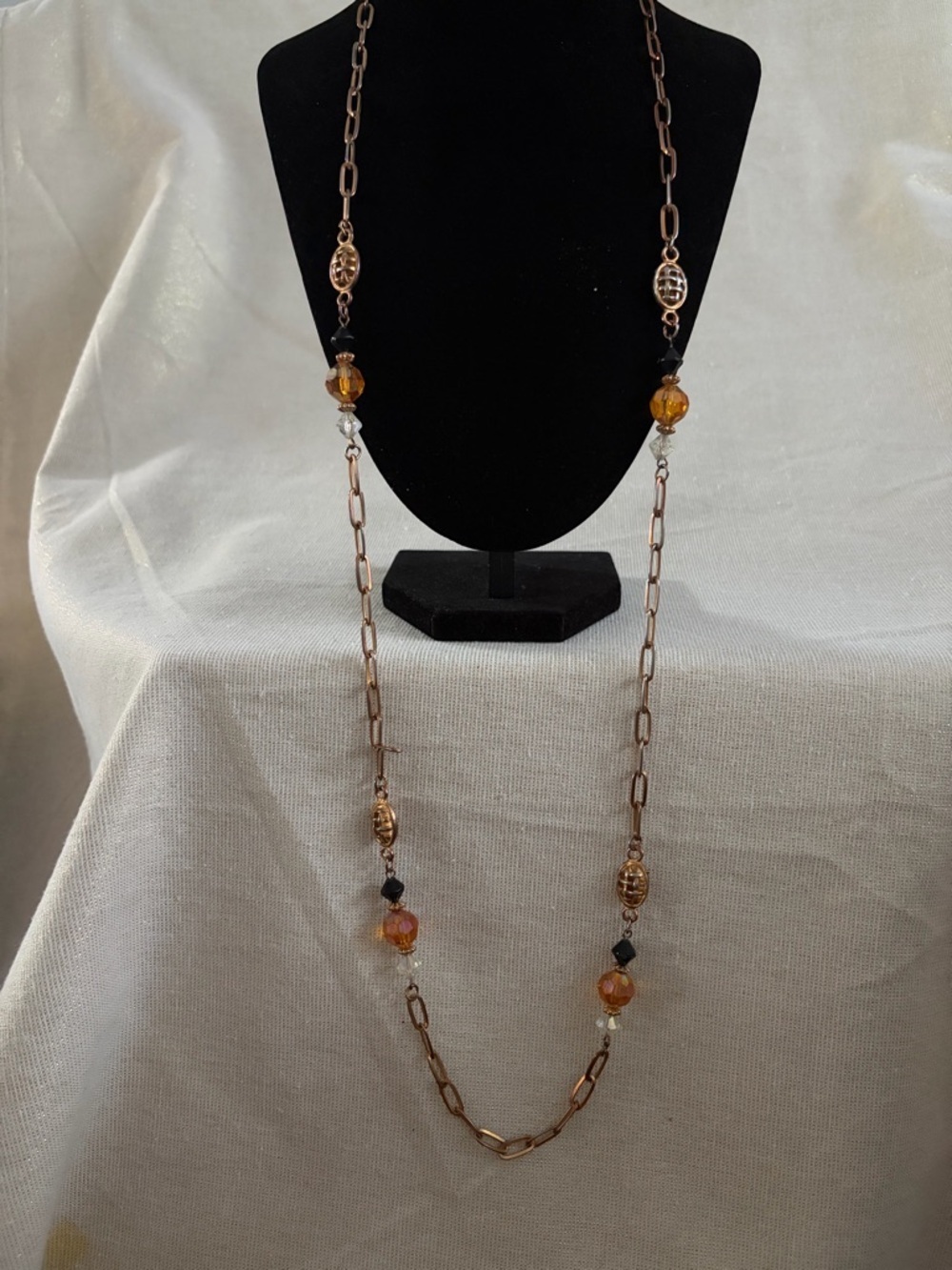Long Amber Bead and Chain Necklace - Women Jewelry